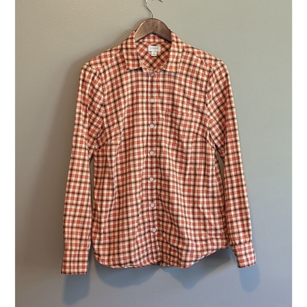 J. Crew Womens Small Plaid Flannel Shirt Orange Blue Lightweight Button Up S LS